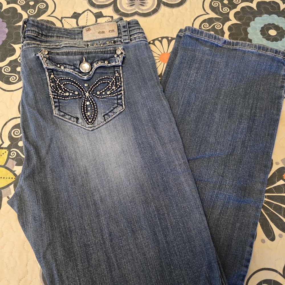 Grace in LA Denim Boot Cut Jeans with Embellished Pockets